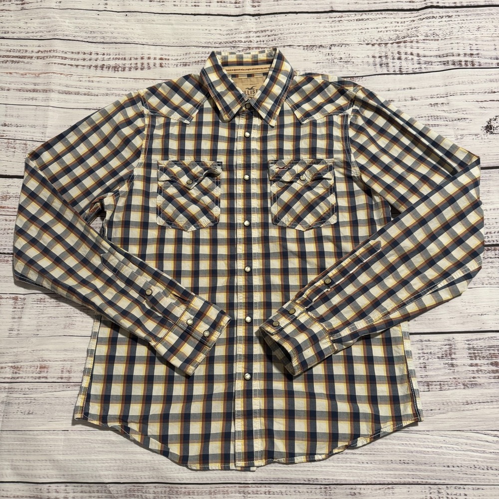 Hollister Western Shirt Plaid Pearl Snap Button Up Long Sleeve Men's‎ Size XL